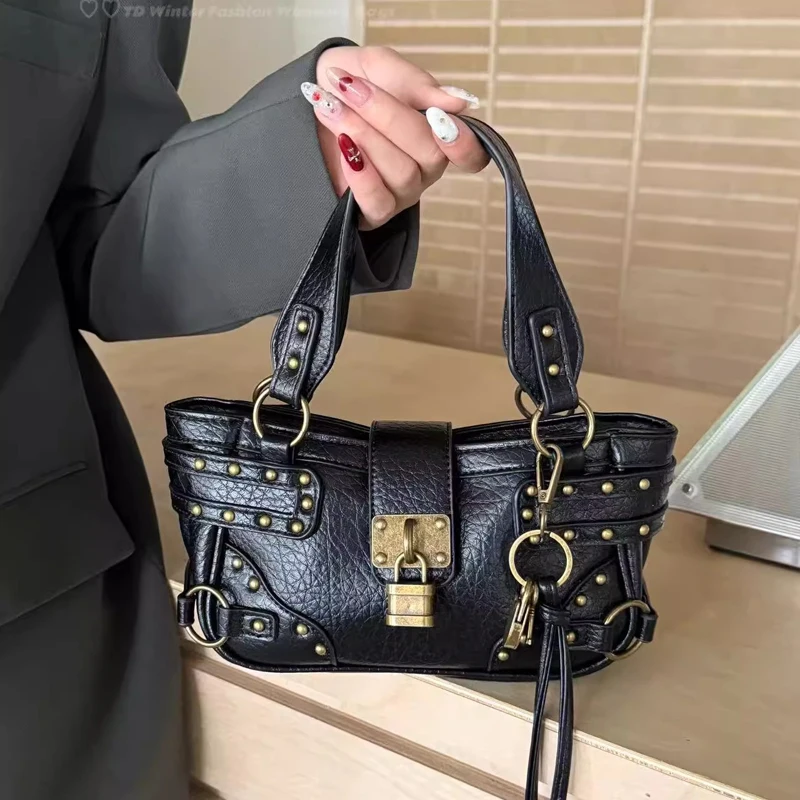 

Vintage Metallic Biker Handbag for Women 2025 | Premium American Retro Studded Lock Crossbody Bag - Versatile & Edgy