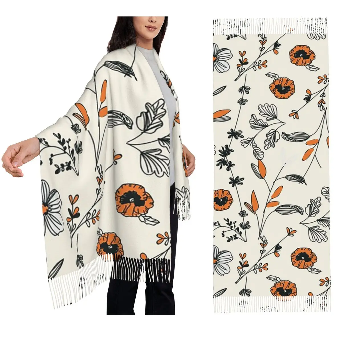 

Шарф с оранжевым цветочным узором, шарфы с кисточками, женские мягкие теплые шали и накидки, большая осенне-зимняя шаль