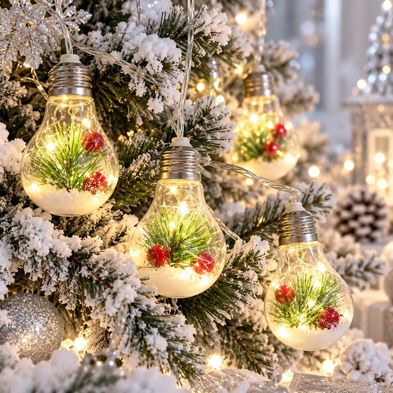 Solar Christmas Bulb String Lights, Transparent Bulbs with Artificial Snow, Pine Sprigs Red Berries, LED for Winter Party Decor