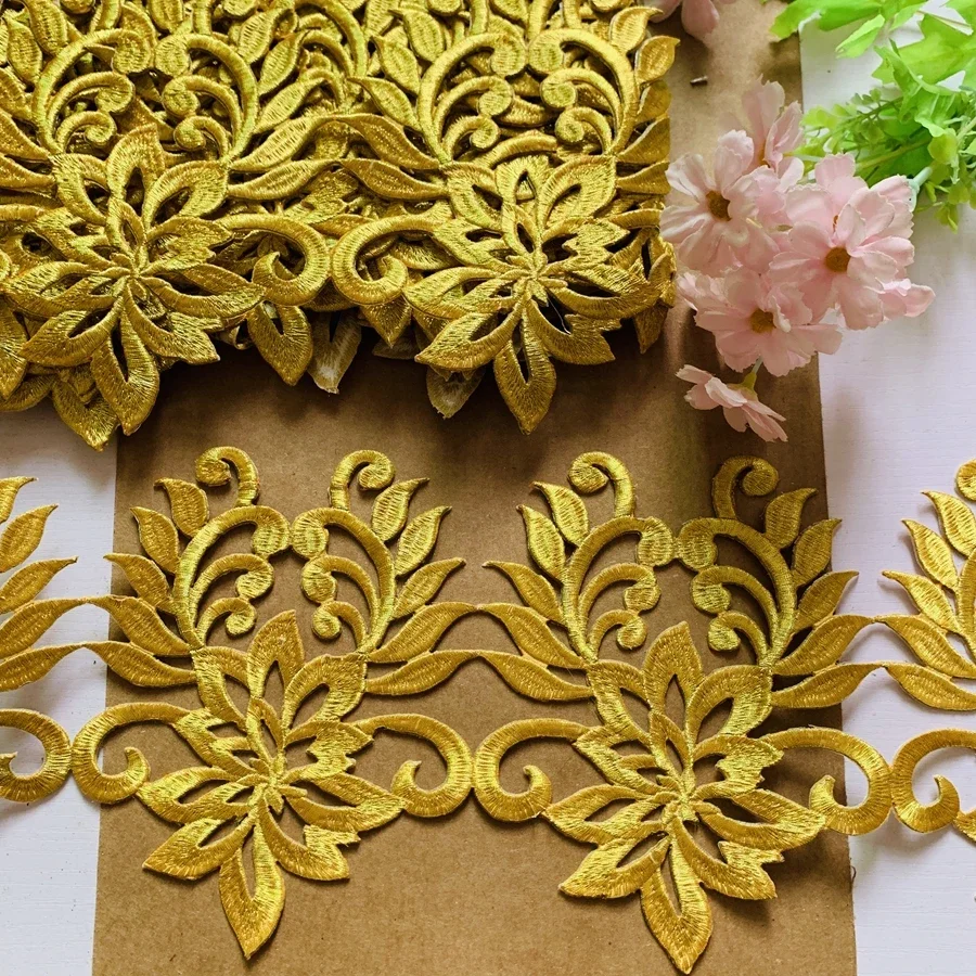 Embroidery Iron on Hollow Border Trimming for Costume Clothing Decoration thermo adhesive Patch 17CM Wide High Quality Gold Trim