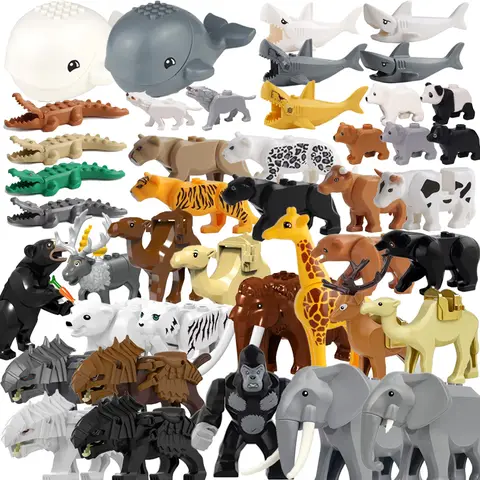 MOC Farm Zoo Animal Building Blocks Crocodile Shark Dolphin Chimpanzee Cow Leopard Educational Game Accessories Bricks Kids Toys