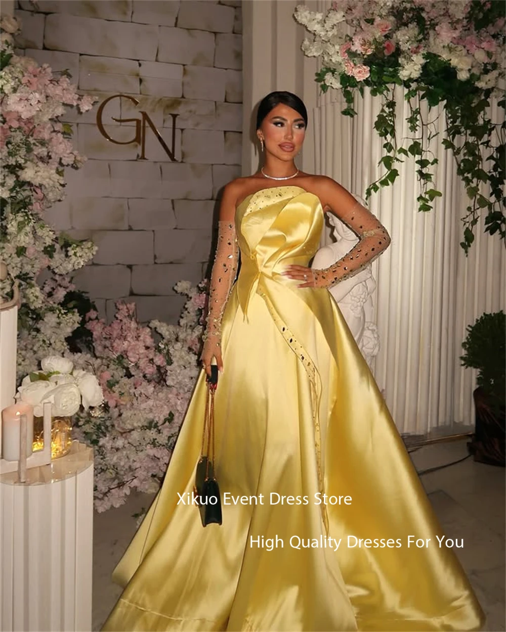 Xikuo Graceful Yellow Satin Evening Dress A Line Strapless Robe Cocktail Femmes Floor Length Sequined Party Prom Gown Customized