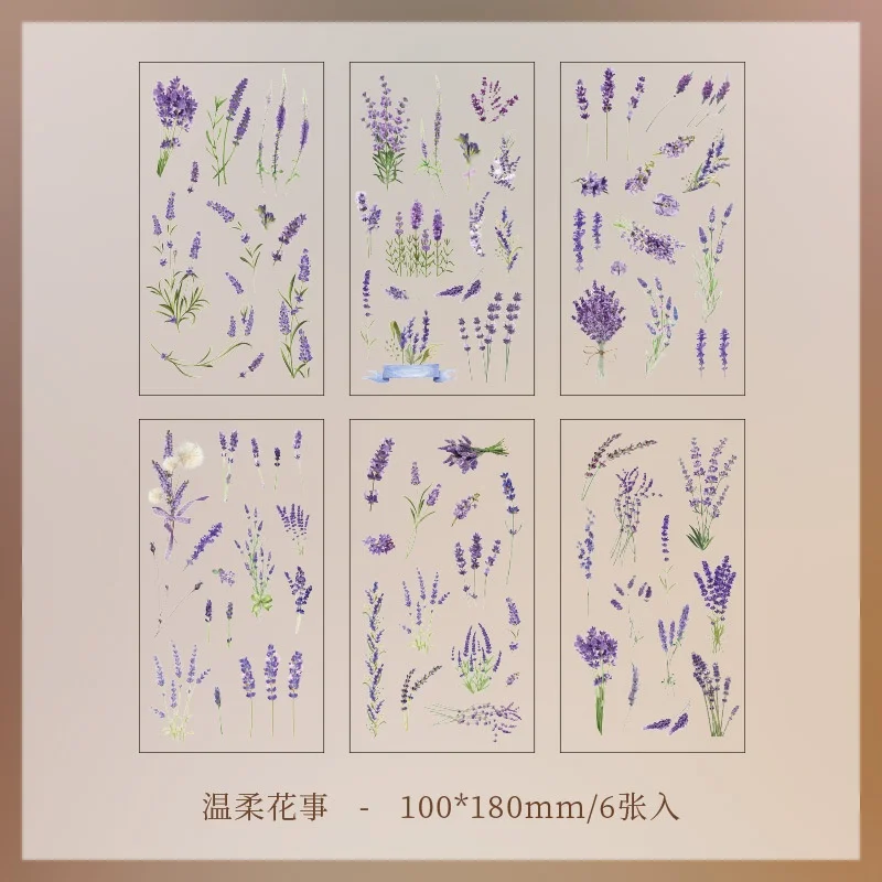 6 stuks bloemdecoratieve stickers, esthetische, waterdichte PET-stickers, voor dagboeken, notitieboeken, waterflessen en albums, decoratieve materialen.