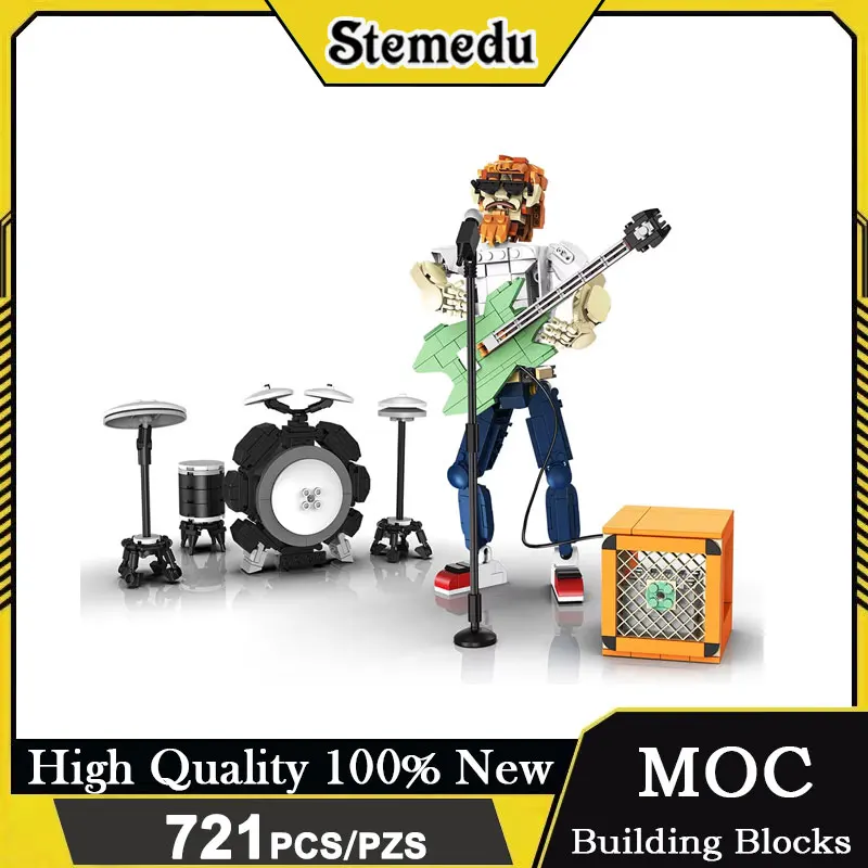 

721 шт., динамик с синим зубом, рок-гитарист, строительные блоки, барабанная установка, сценический музыкальный инструмент, киберпанк, подробная кирпичная игрушка, подарочный набор