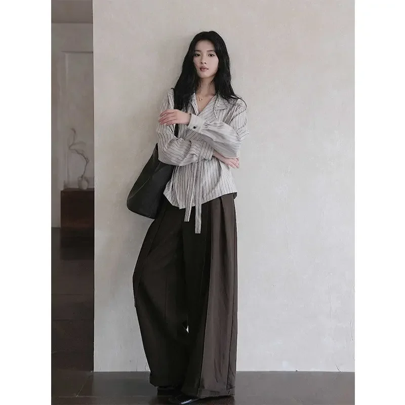 Deeptown Lace Up Striped Women Shirt Vintage Elegant Long Sleeve French Style Button Blouse Female Loose Office Lady Casual New