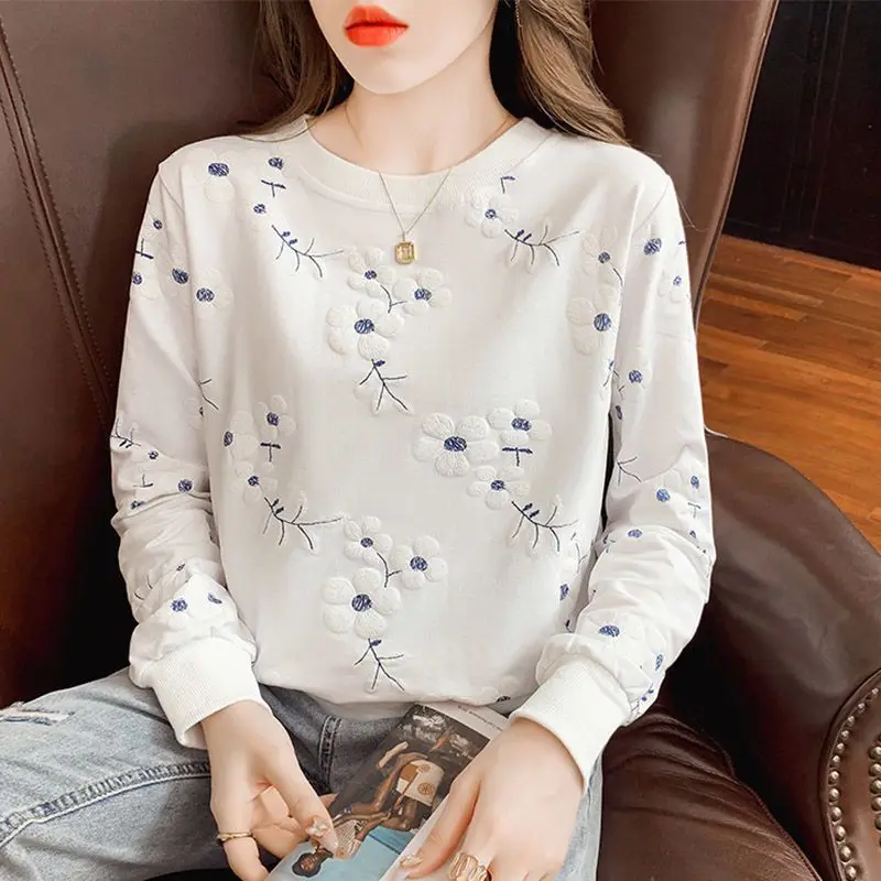Women's White Cotton Crew Neck Sweatshirt 2026 Spring Autumn Thin Base Layer Top