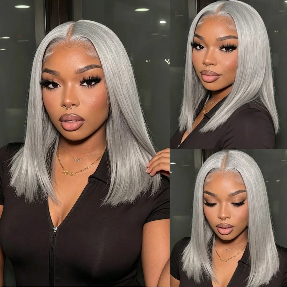 13x6 Pre Plucked Bone Straight Silver Grey Colored Short Bob Lace Front Human Hair Wigs Transparent Lace Frontal Wig Bleached Knots 14 16 inch