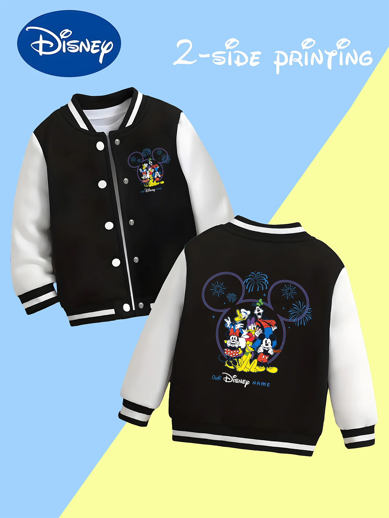 

MINISO Disney "Good Times" Kids Baseball Jacket - Double-sided cartoon print, a great addition to any gathering or school event.