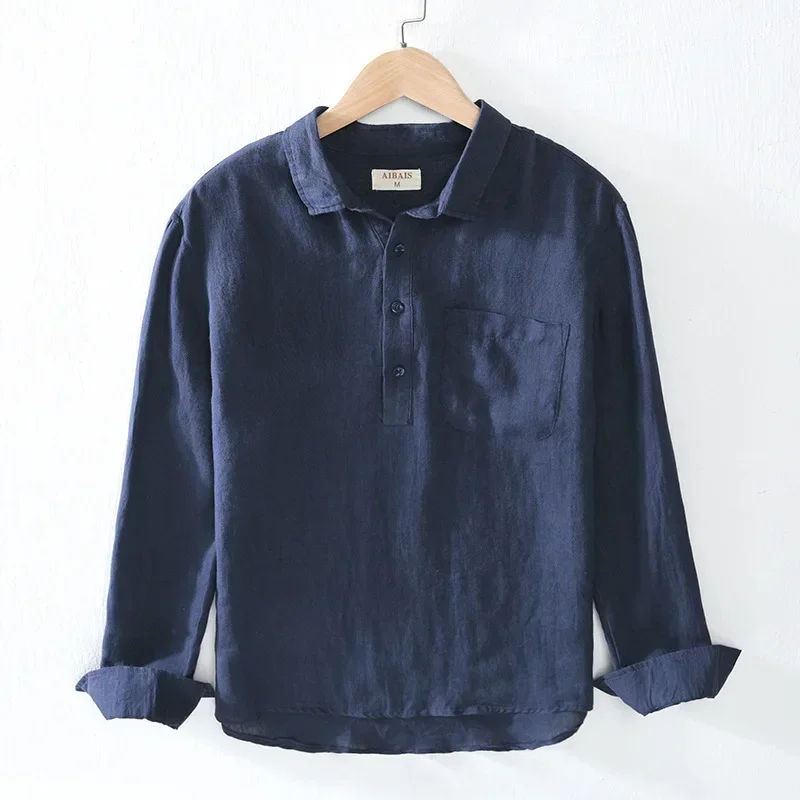 

Summer 100% Linen Shirts for Men Breathable Beach Pullover Man Top Japanese Retro Casual Shirts with Pocket Simple Camisa Hombre