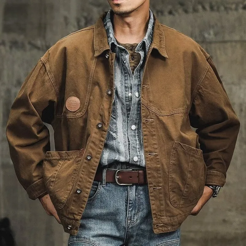 

American Retro Tooling Jacket Men's Autumn Trendy Brand Loose Casual Brown Vintage Denim Unwaxed Hunting Jacket