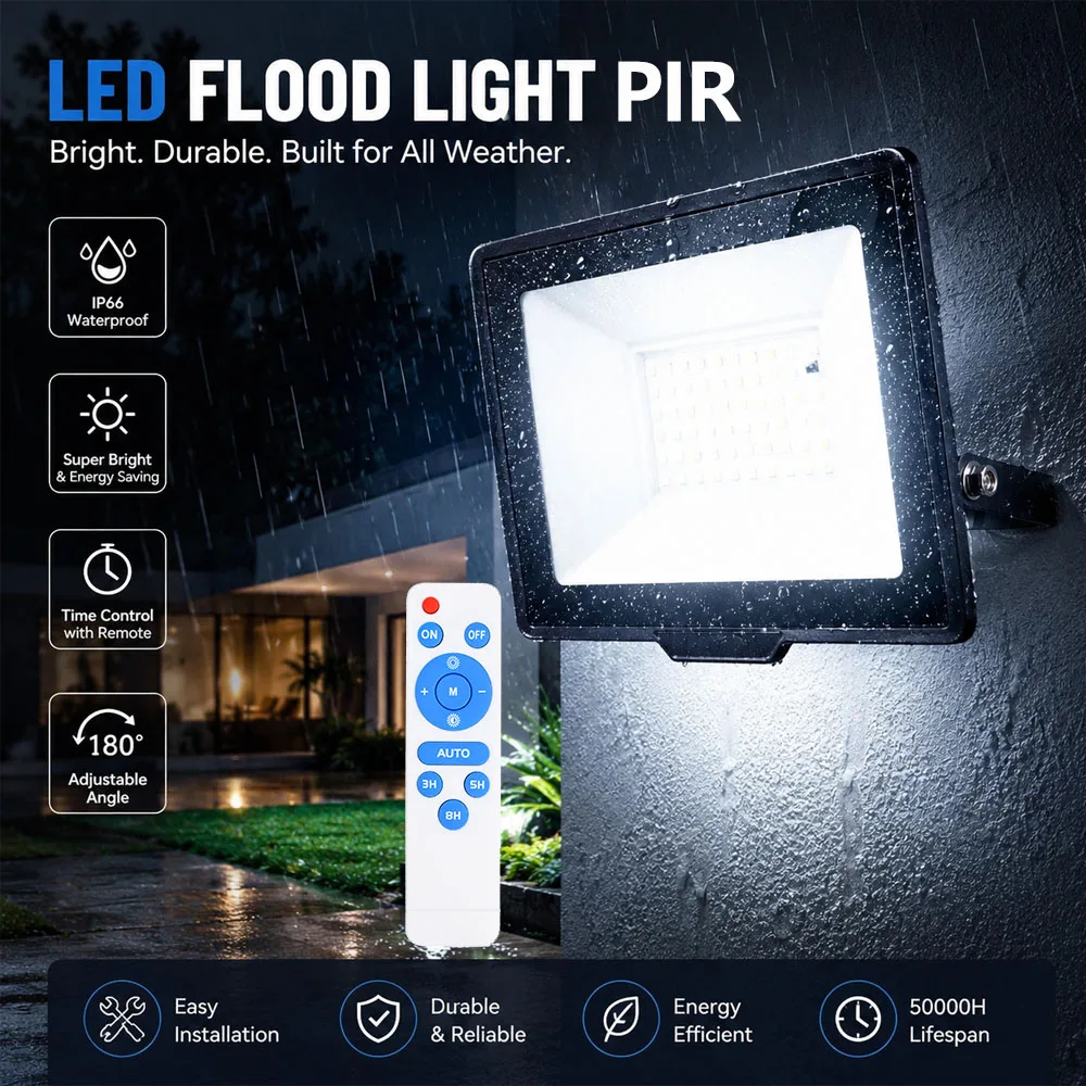 PIR-Flutlicht mit Fernbedienung, Außenbereich, AC220V, 100W/50W, IP66 wasserdicht, Projektor-Scheinwerfer für den Garten