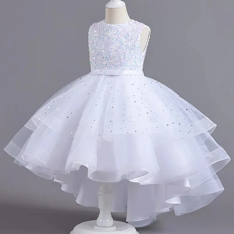 

Princess Tulle Dress Girls Sleeveless Tails Gown Kids Wedding Mesh Dress Puffy Skirt Children's Fashion Sequined Clothing 4-14Y