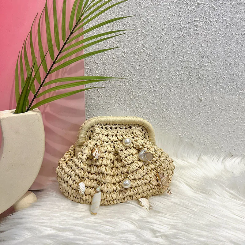

Тканая сумка через плечо с зажимом ручной работы, богемная соломенная сумка-раковина, роскошные пляжные сумки с жемчугом для женщин, сумка-клатч