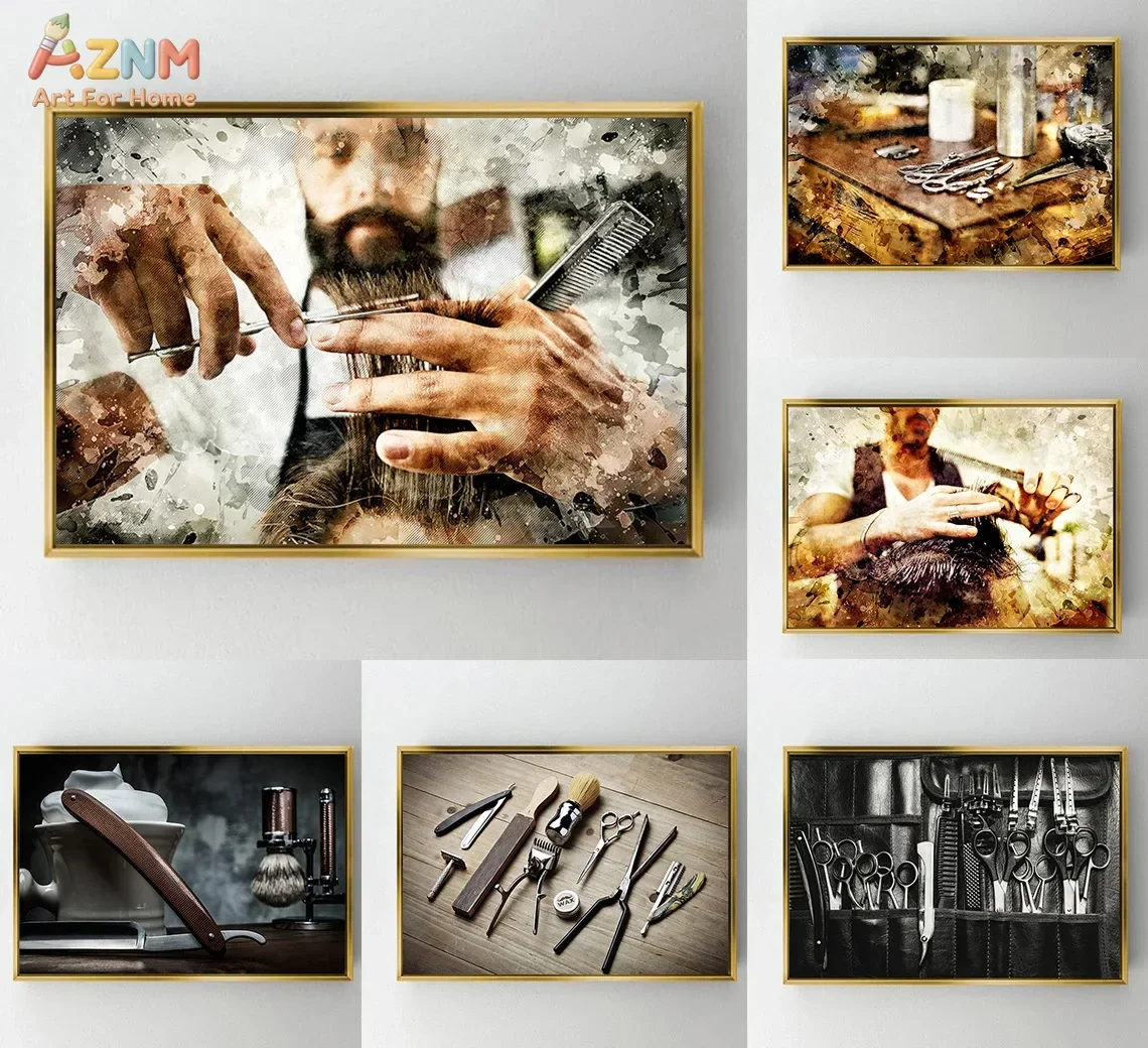 AZNM Barber Shop Canvas Wall Art Vintage Hairdressing Tools Beard Haircut Watercolor Print Salon Decor Unframed Poster