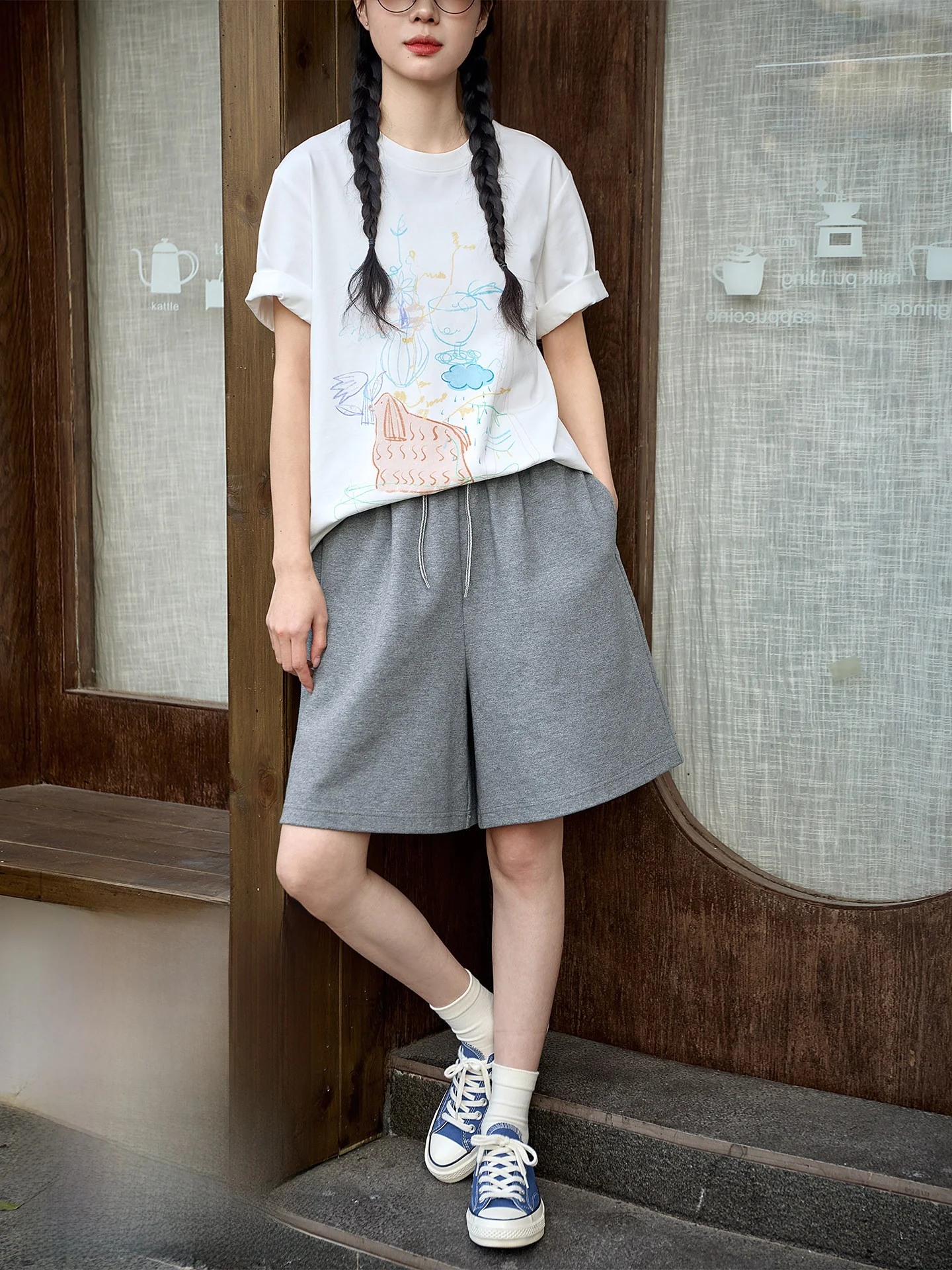 

Casual Gray Knitted Cotton Blend Shorts Women's Summer Loose Fit High Waist Wide Leg Five-Quarter Length Drawstring Pants
