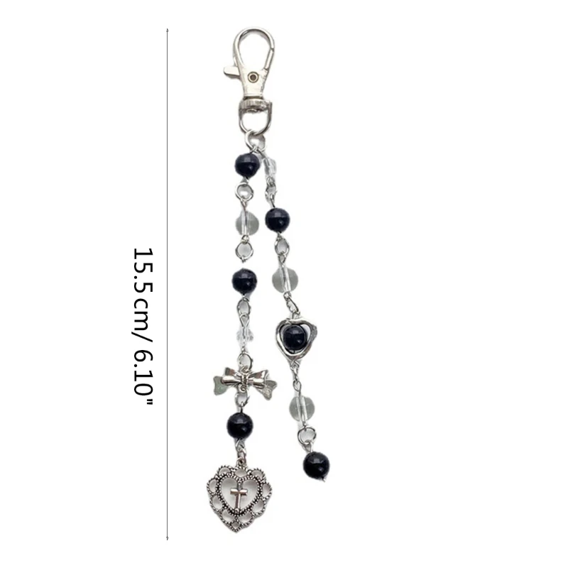 Black Clear Bead Keychain Cool Y2K Phone Charm Girls Bowknot Heart Keychain Handmade DIY Accessories
