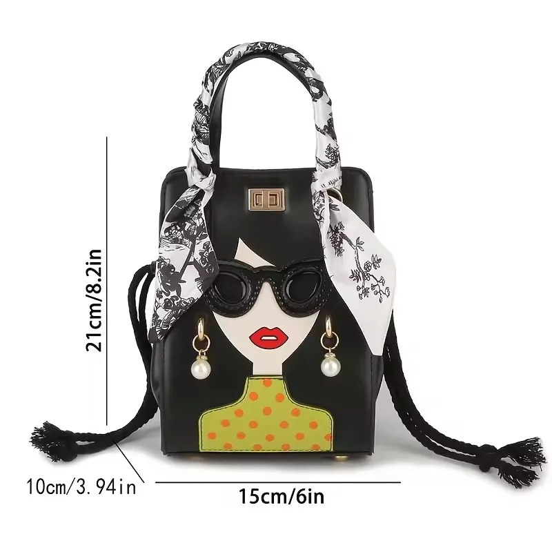 Marken-Umhängetaschen für Damen, hochwertiges PU-Leder, Cartoon-Mädchen-Brillen-Umhängetasche, modische Geldbörsen und Handtaschen, Designer-Tasche – Detail 19