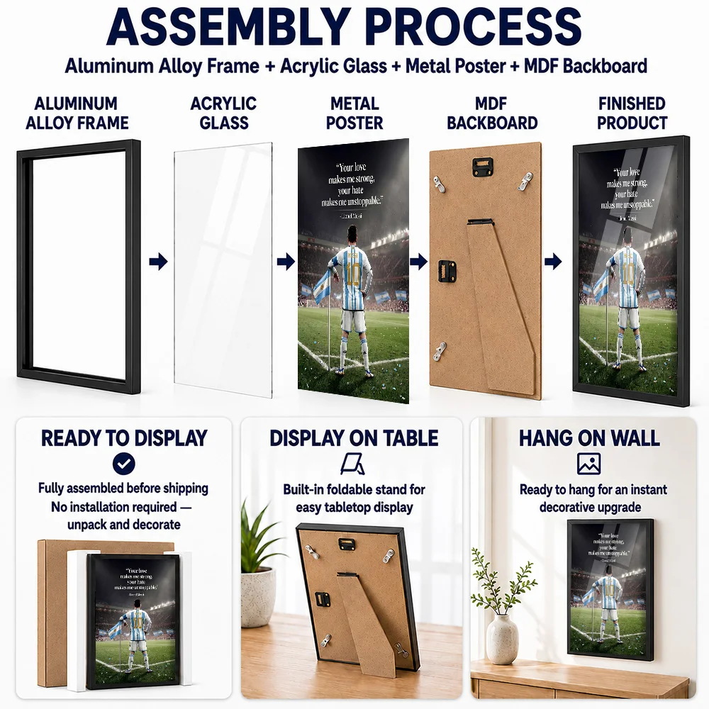 Lionel Messi Inspirational Soccer Framed Aluminum Metal Poster Personalized Typographic Wall Art For Sports Memorabilia Room