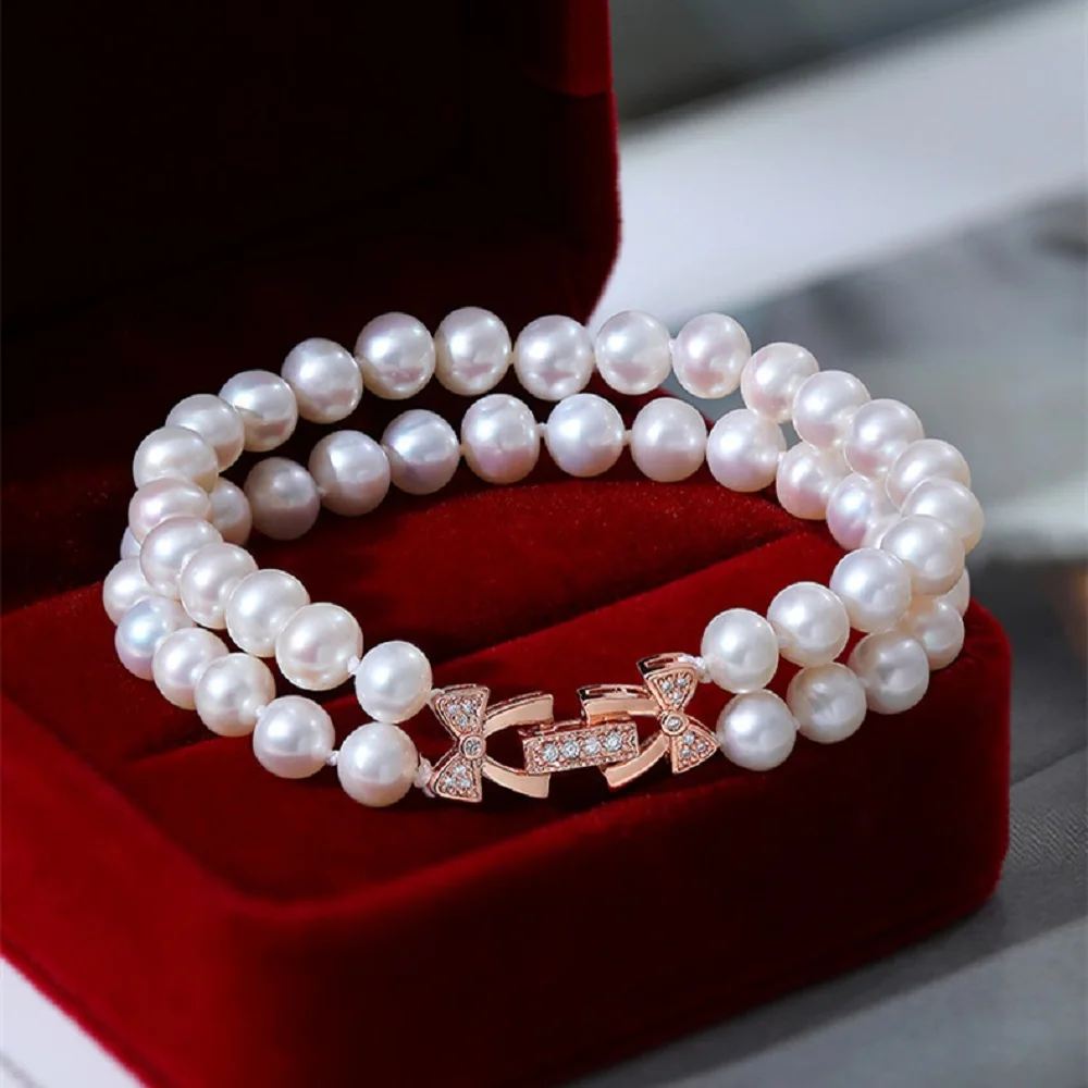 

Двухрядный браслет AAAA7-8 мм, натуральный японский круглый браслет из жемчуга с бусинами 7,5-8 дюймов/925 с