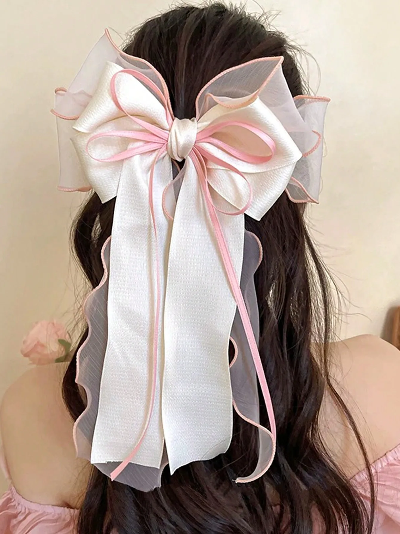 1Pcs Rosa Spitze Bogen Band Frühling Haar Clip Coquette Barrettes Lange Schwanz Band für Frauen Weihnachten Valentines Hochzeit Prom zubehör – Detail 1