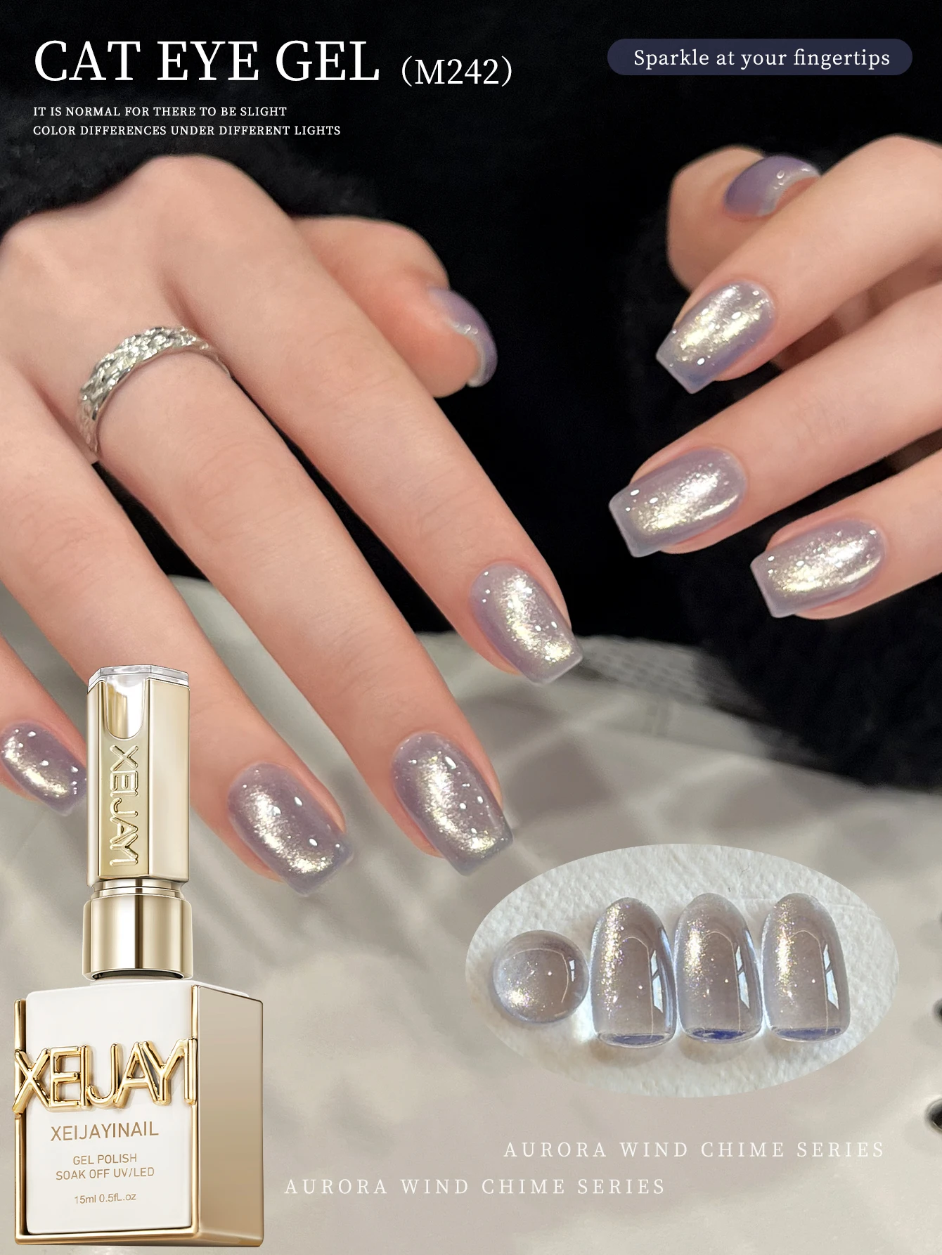 XEIJAYI 1 Stück 15ml Grau-Violetter Farbverlauf Katzenauge Gel-Nagellack Neue Trendfarbe Glasperlen-Nagelkunst für Frauen und Mädchen