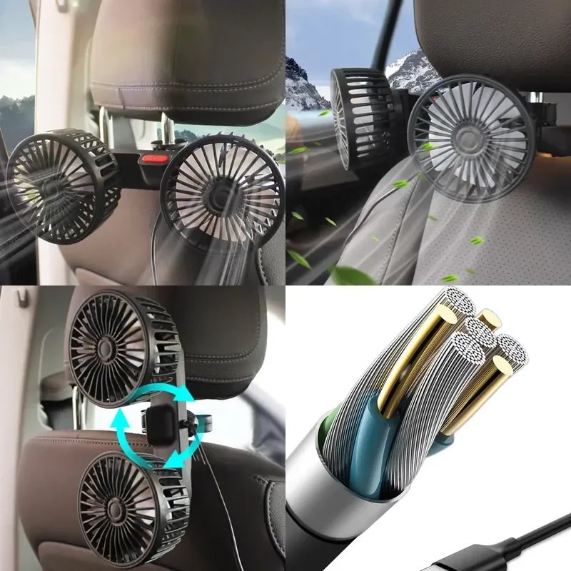 USB Automotive Fan Portable Air Conditioner Cars Electric Fan for Home Office 360 Degree Rotatable Dual Head 3 Speed Seat Fan