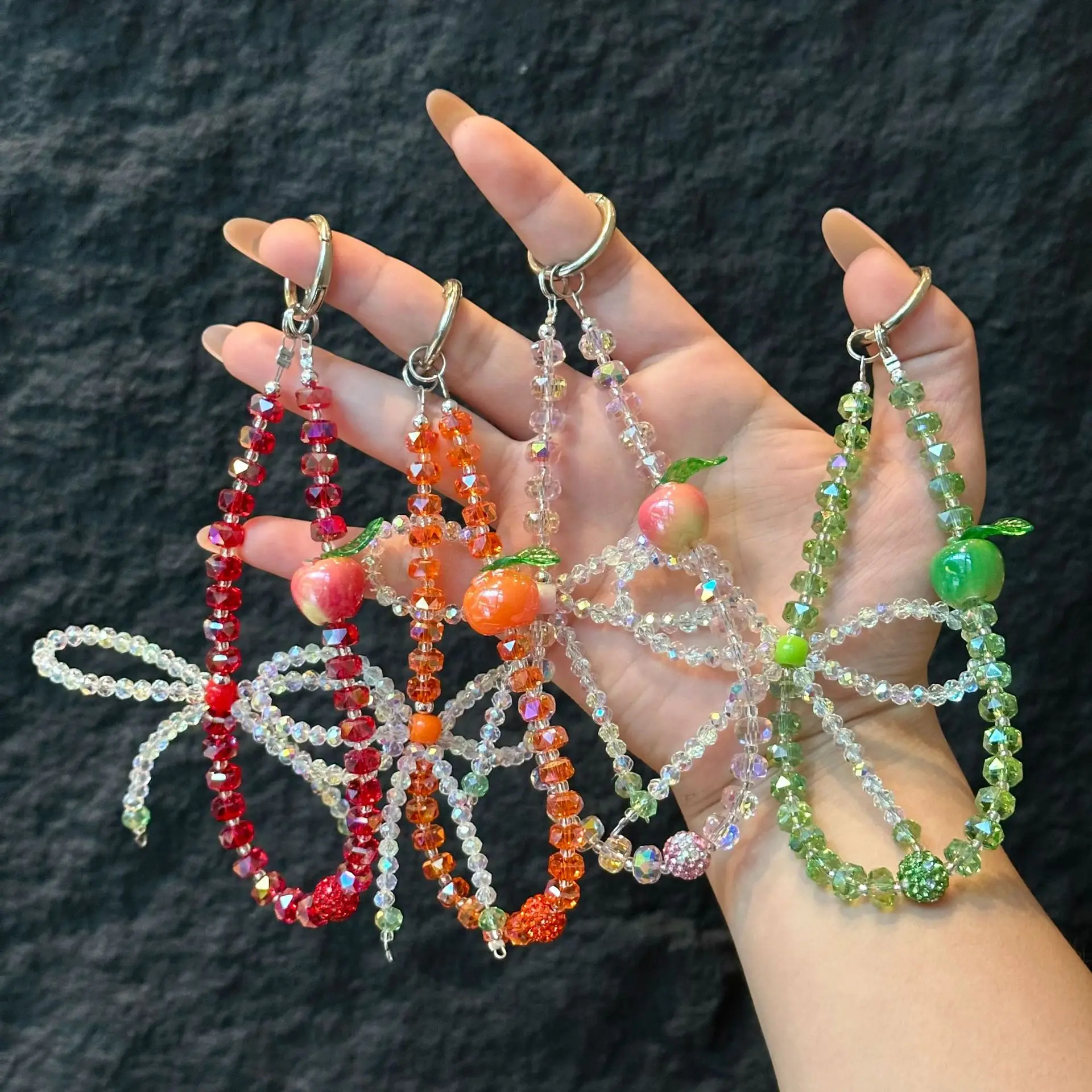 

Luxury High-End Crystal Fruit Bow Mobile Phone Chain Apple Crystal Beaded Phone Lanyard For iPhone Short Wrist Holding Chain