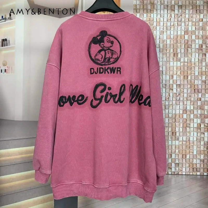 

Loose Coat Jacket Fashion Thickened Crew Neck Sweatshirt Autumn Winter Fleece Lined Heavy Industry Rhinestone Cartoon Hoodies