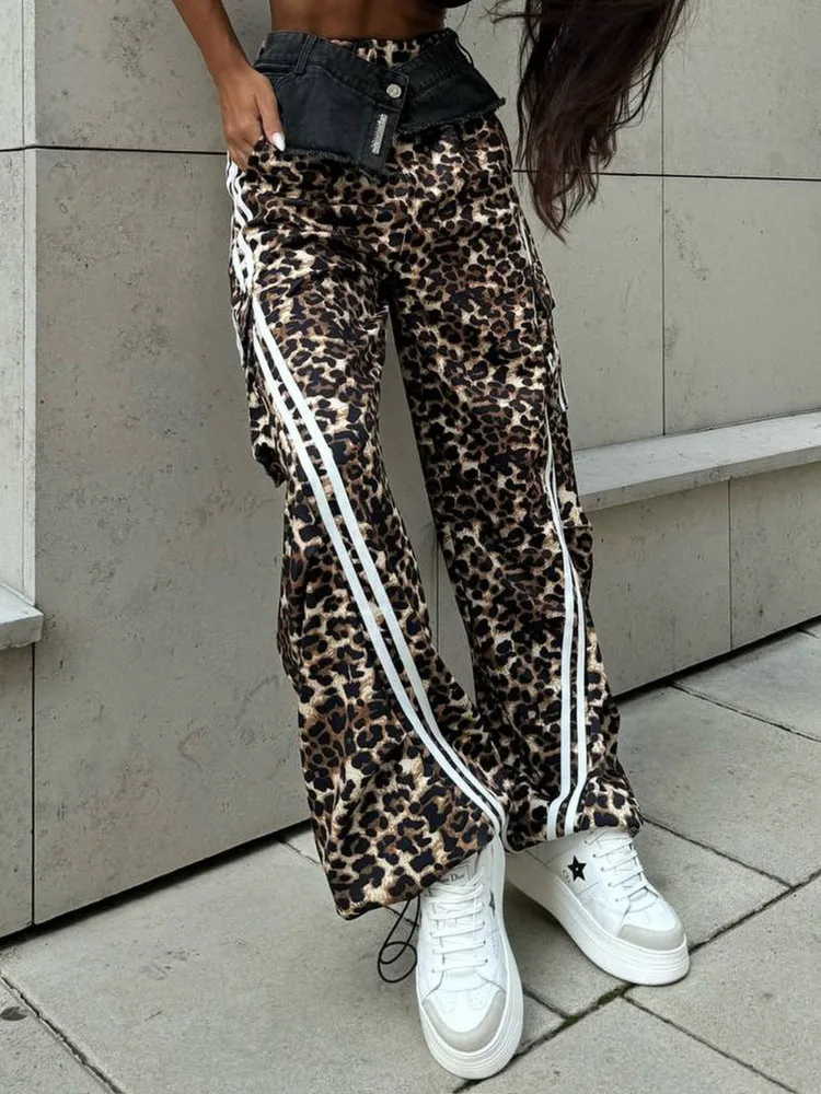 [EWQ] American Fashion Denim Patchwork Leopard Print High Street Pants Striped Wide Leg Pants Women 2024 Autumn New Tide 16O2365