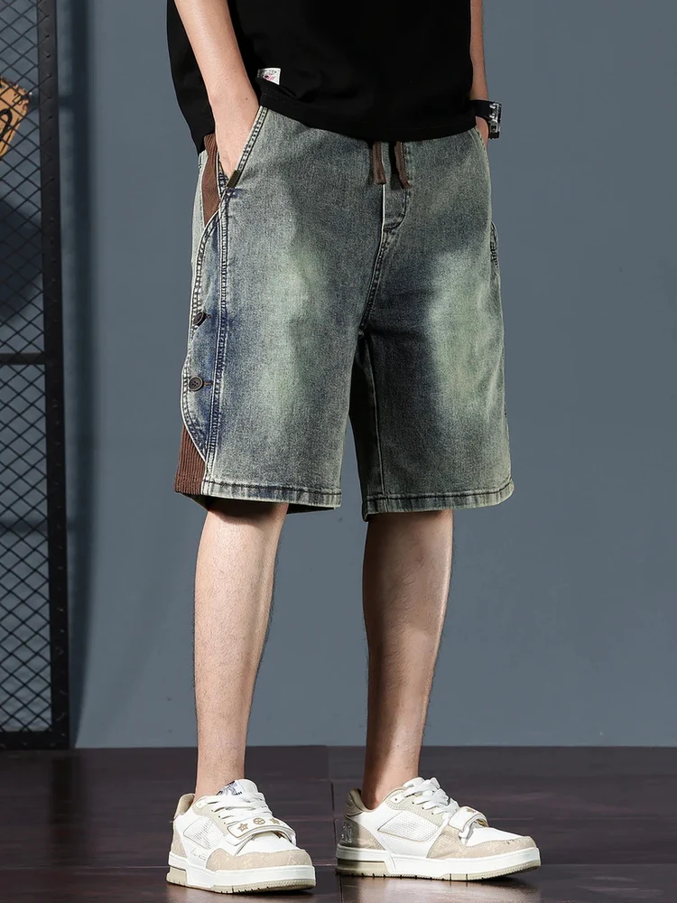 

American Retro Men's Denim Shorts Summer Thin Fashion Loose Splicing Slimming Casual Cool Mid-Calf Length Straight Leg Jeans