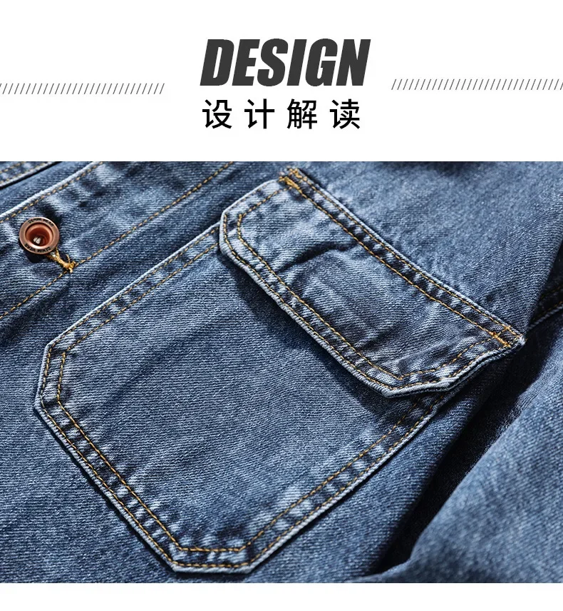 2025 Men's Denim Jacket Long Sleeve Printed Cuff Multi Pocket Light Blue Button Up Coat Loose Fit Top Casual Outwear For Spring