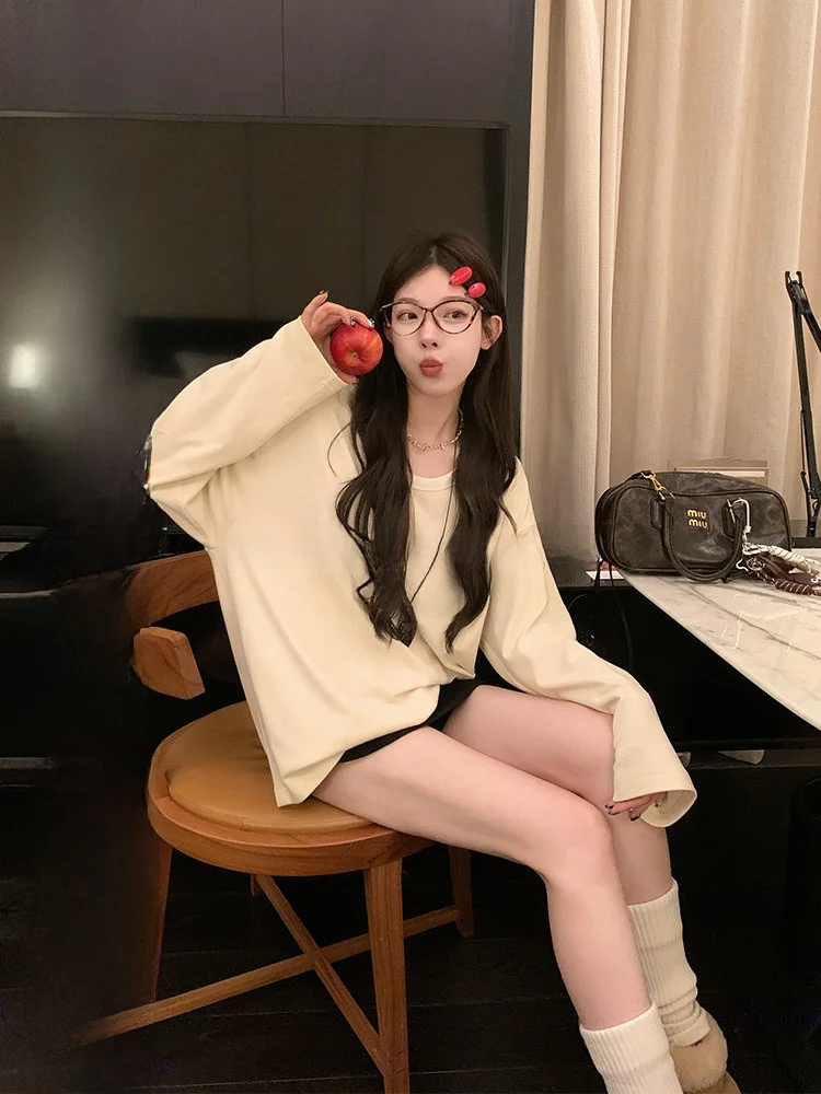 

Long Sve Fce Sensation T-irt Women's Spring Autumn Loose Top U Collar Brued Korean Sle Casual Wear Pure Color