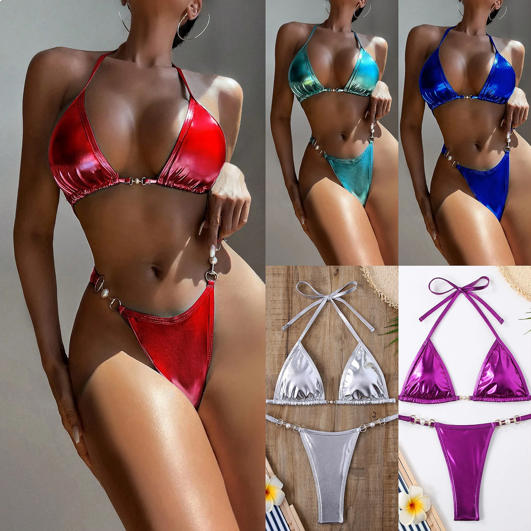 

2026 Shiny Solid Color Tie Side Sexy Bikini Set Padded Swimwear For Women Summer Beach Pool Bathing Wear