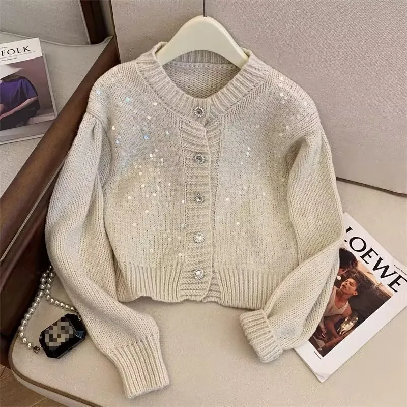 Shiny Knit Cardigan for Women, Long Sleeve, Single Breasted, Short Sweater, Korean Top, Fashion Trend,  Autumn Clothes, 2024