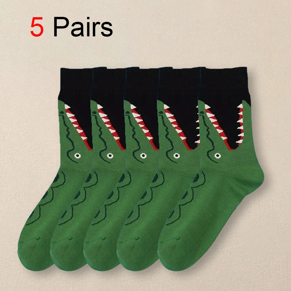 5 Pairs Men Cartoon Crocodile Patterned Round Neck Socks Creative Fashionable Socks Comfortable Lightweight Mid Length Socks