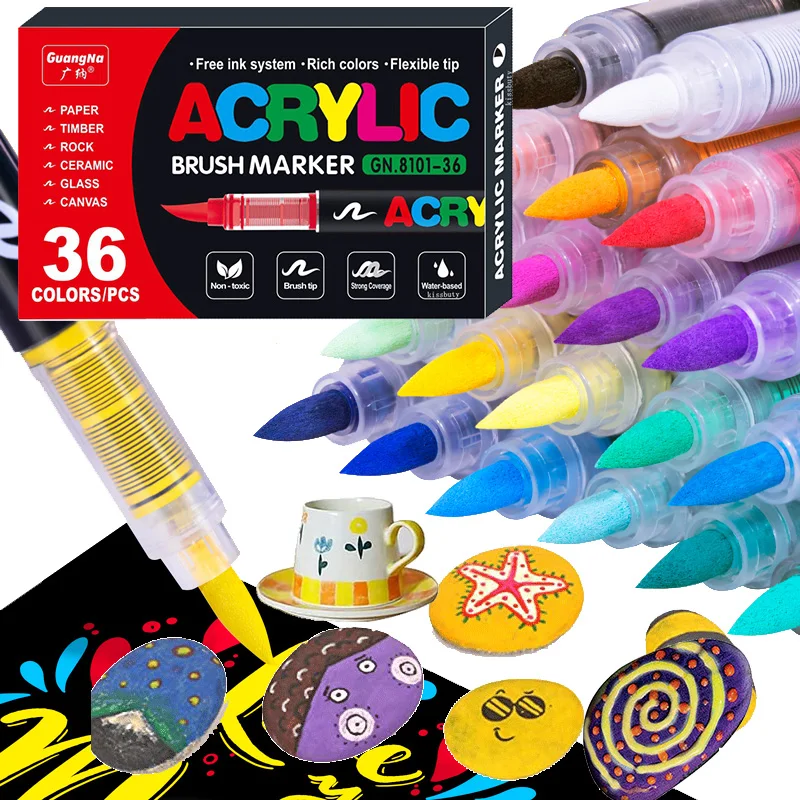 12-72 สีอะคริลิค MARKER ปากกาปากกากันน้ําแปรงนุ่ม Nib นักเรียน Art สําหรับแก้วหินโลหะแก้วไม้พลาสติกกระดาษ