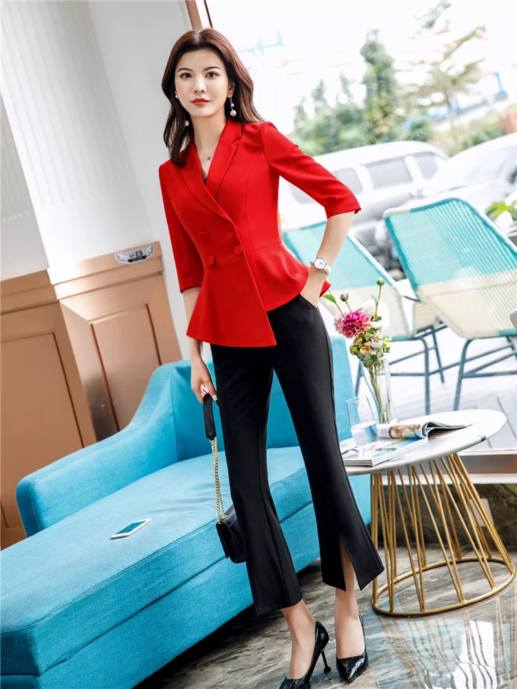 Red Skirt Suit 2 Pieces Set Fashion Business Women Suit Office Ladies Work Wear Uniform Interview Thin Blazer Hlaf Sleeve Top