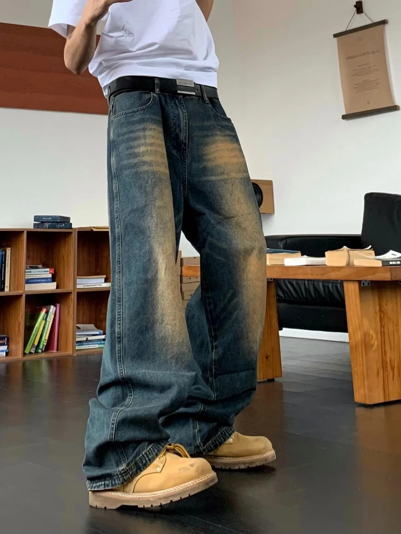 

Мужские джинсы в американском ретро-стиле, свободные, широкие, прямого кроя, с эффектом драпировки, повседневные, с эффектом потертости