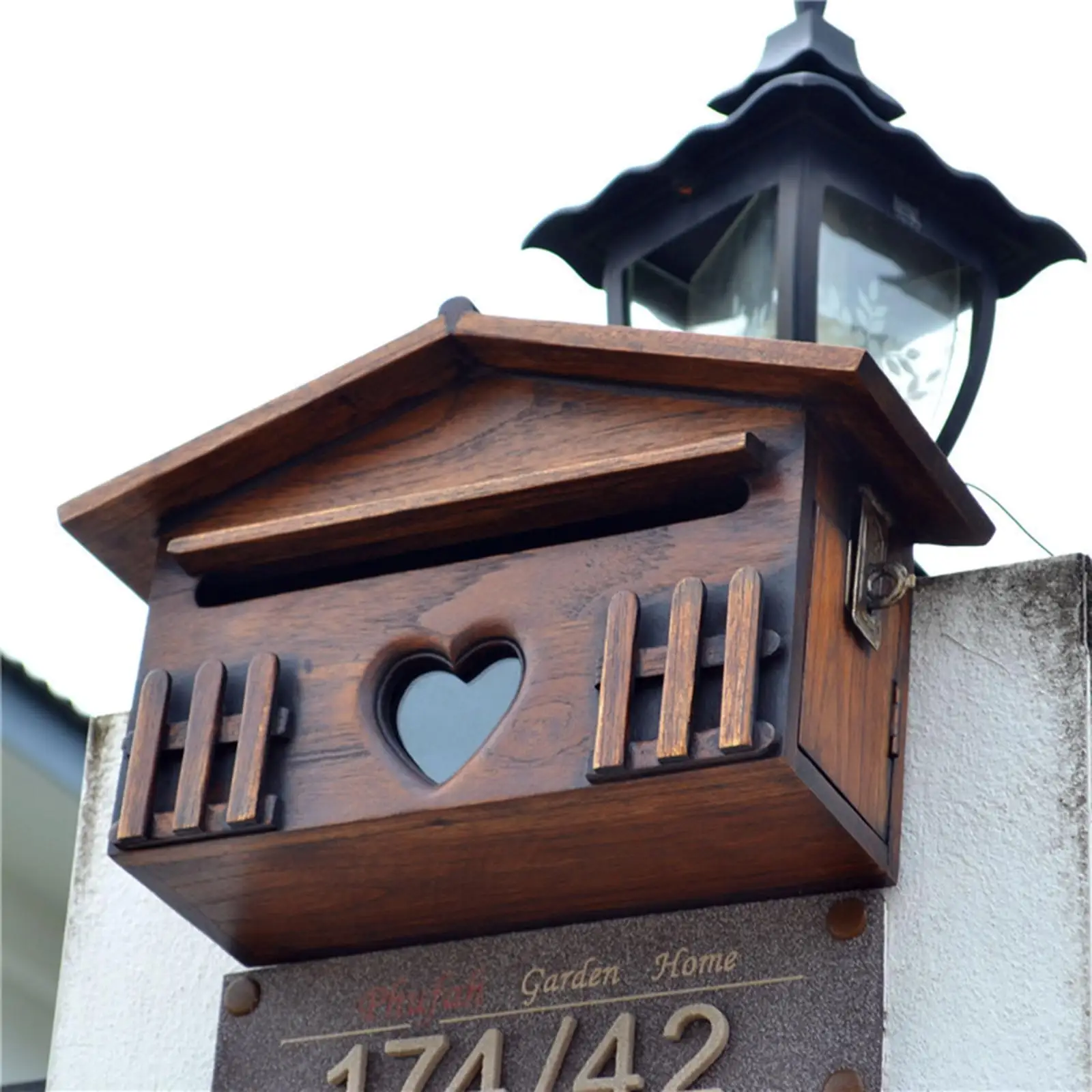 Retro Style Wooden Wall Mounted Locking Mailbox Decorative Hanging Letterbox