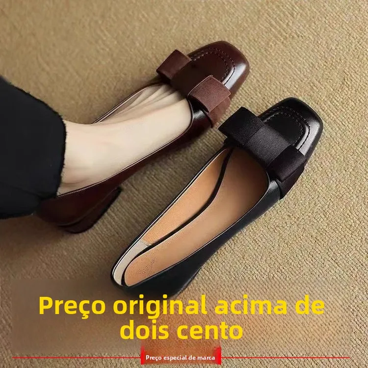 Oferta Especial: Sapatos Femininos de Salto Alto em Couro Macio com Bico Quadrado, Novidade 2025, Laço Borboleta, Salto Gross...
