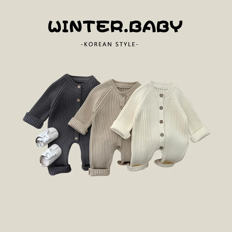 Newborn Baby Bodysuits Versatile Autumn Winter Solid Color Knitted Thick Climbing Clothes Infants and Children Baby Jumpsuit