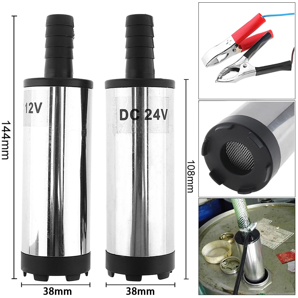 DC 12V 24V 38MM Portable Mini Car Electric Submersible Pump fit for Diesel Fuel Pump Water Oil Barrel Pumps with 2Alligator Clip