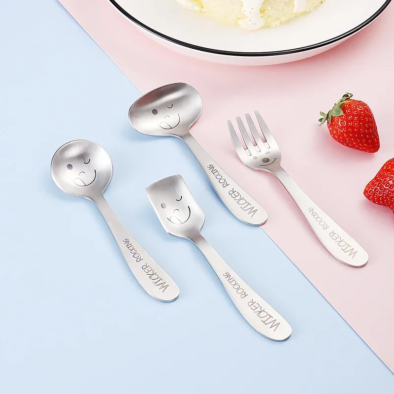 304 Stainless Steel Children Utensil Fork Knife Teaspoon Spoon Dinnerware Cutlery Smiley Cartoon Tableware Baby Feeding Set
