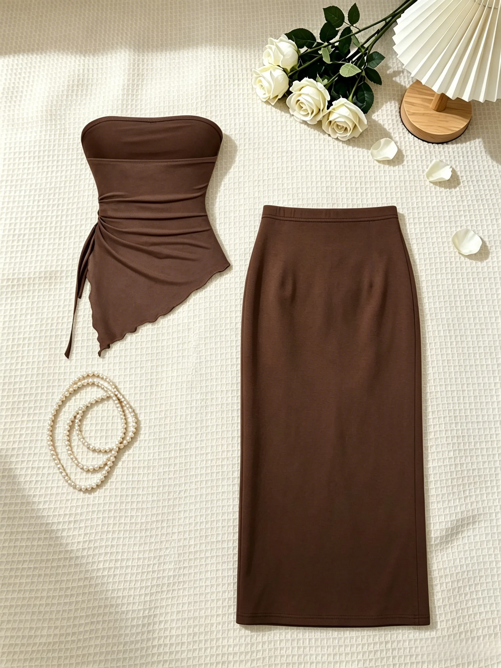 2 Piece Women Strapless Side Drawstring Ruffle Hem Crop Top Twist Front High Slit Midi Skirt Set Solid Brown Slim Bodycon Two Pi