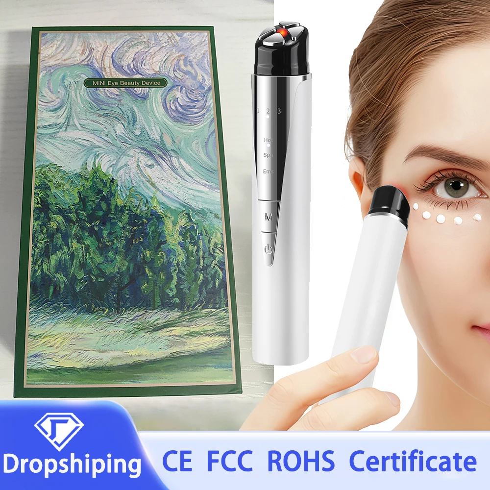 Electric Eye Massage Pen EMS Heated Vibration Eye Massager Red Light Therapy Remove Dark Circles Puffiness Eye Beauty Wand