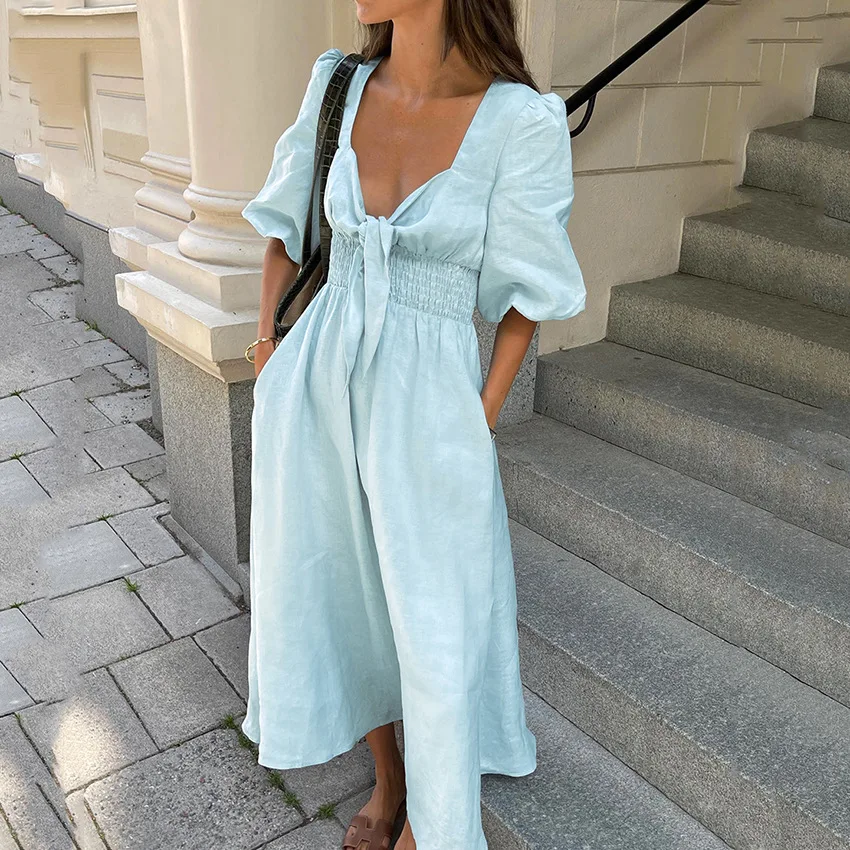 

Cross border 2025 Summer New Fashion French Elegant Long Dress Sexy Low cut V-neck Bubble Sleeves High Waist Cotton Hemp Dress