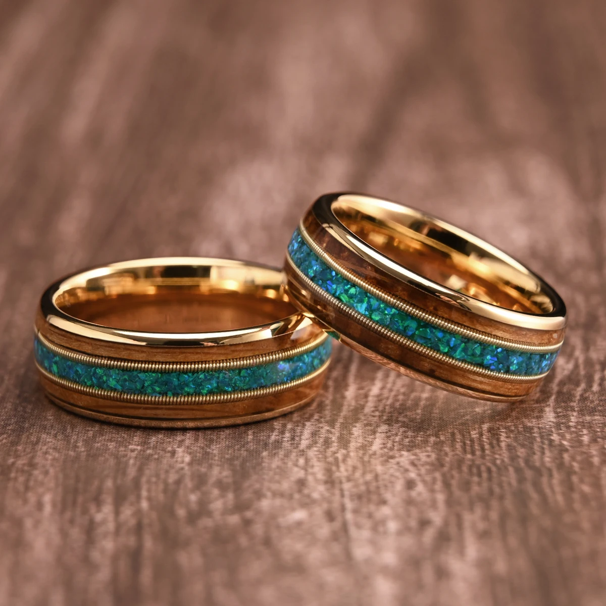 8MM Gold Tungsten Men's Wedding Bands Inlaid Malachite & Guitar Strings Whiskey Barrel Wood Ring Couple Engagement Promise Ring