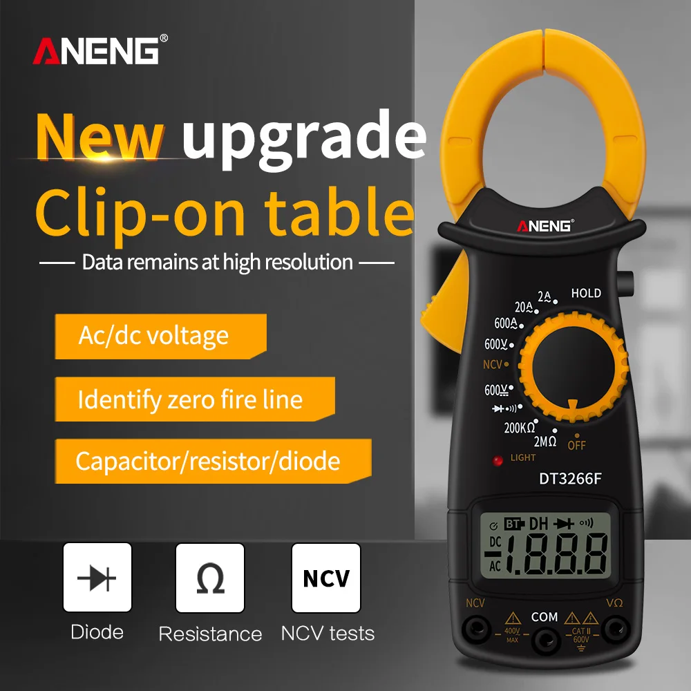 ANENG DT‑3266F Digital Clamp Meter 2000 Counts AC/DC Voltmeter Ammeter Auto‑Range Resistance NCV Non‑Contact Voltage Tester