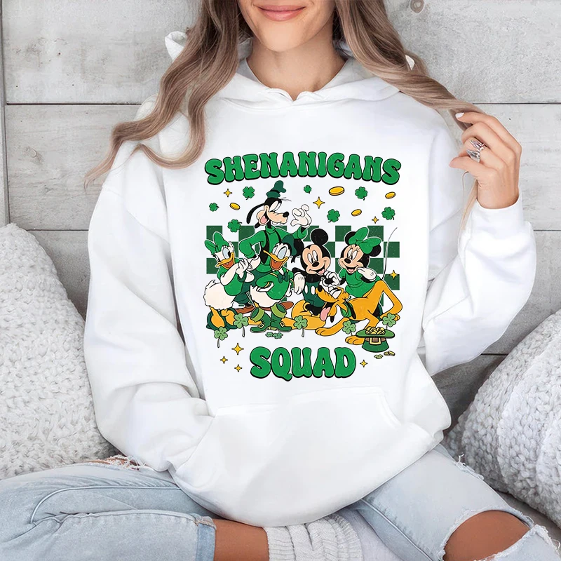 Vintage Mickey and Friends Shenanigans Happy St.Patrick’s Day Print Women’s Hoodie Casual Sweater Loose Top