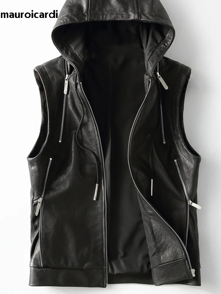 Mauroicardi Spring Autumn Luxury Elegant Cool Black Pu Leather Vest for Men with Hood Zipper Sleeveless Jacket Men Clothing 2023